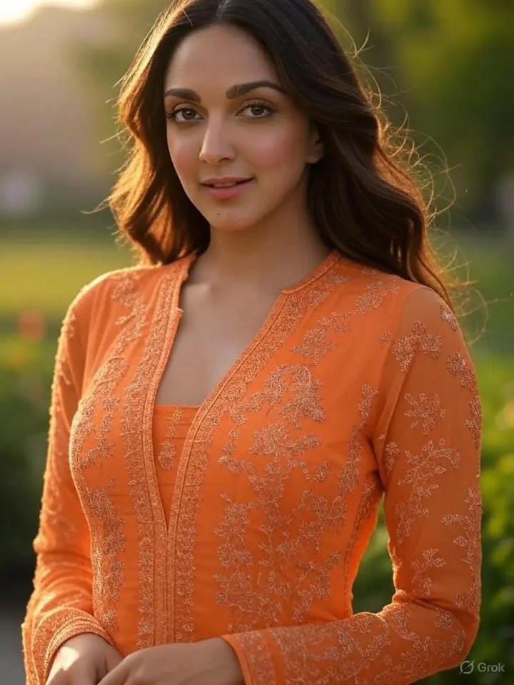 Kiara advani ऑरेंज एम्ब्रॉयडरी सूट सेट